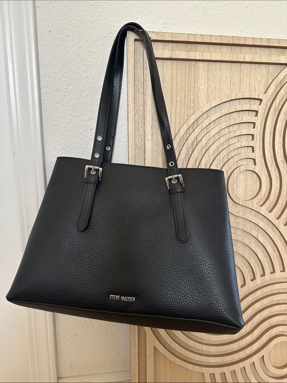 Steve Madden Black Textured Tote with Gold Logo